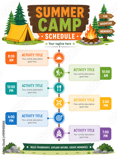 Summer camp schedule template featuring a vibrant outdoor forest theme with a yellow tent and a warm campfire for organizing daily events and activities for children and young students at nature