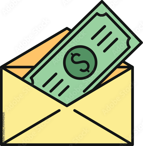 Envelope holding a dollar bill, symbolizing financial transactions, income, or payment