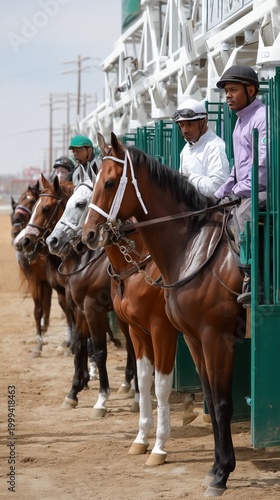 Racehorses waiting in the starting gate with jockeys