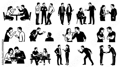 Black  White Line Art Glyphs: Diverse Human  Business Communication Interactions Collection