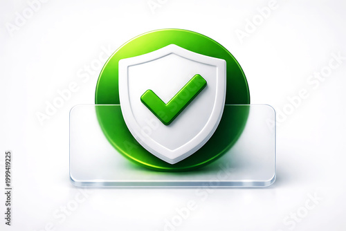 Green and white security shield with checkmark symbol on white background
