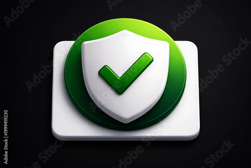 Green and white security shield with checkmark isolated on dark background safety symbol