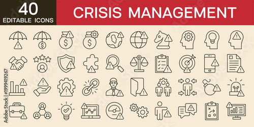 Crisis management icons vector illustration with icons of alarm, problem solving, management, incident management, business, recovery, finance, planning, decision making, editable stroke line icons 