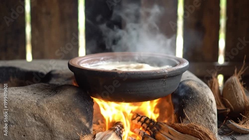 Lifting Lid Off Traditional Clay Pot Boiling Over Open Wood Fire - Rustic Village Cooking
