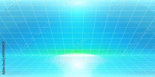 Bright blue neon wireframe grid floor glowing perspective creating retro futuristic sci fi digital landscape background