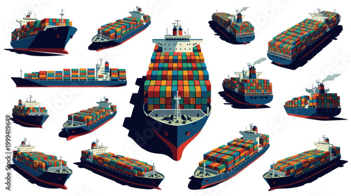 Flat Vector Illustration Set of Container Ships for Global Shipping and Logistics Industry