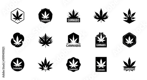 Minimalist black silhouette of a cannabis leaf isolated on a white background. Clean vector icon of a marijuana plant for medical, herbal, or recreational design themes.
