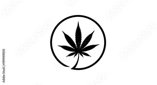 Black silhouette of a cannabis leaf isolated on a clean white background. Minimalist botanical illustration symbolizing marijuana, hemp, herbal medicine, and nature.
