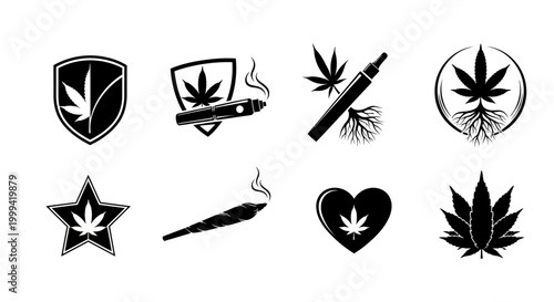 Black silhouette of a cannabis leaf isolated on a clean white background. Minimalist botanical illustration symbolizing marijuana, hemp, herbal medicine, and nature.