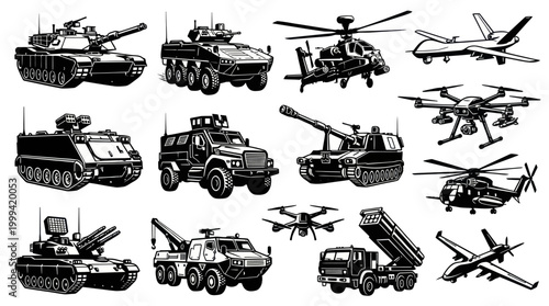 Black and White Line Art Military Vehicles and Aircraft Collection