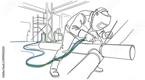 Professional industrial welder wearing protective mask working on metal pipes.