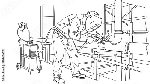 Professional welder wearing protective gear working on industrial piping.
