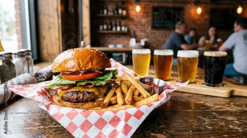 Delicious burger and beer flight in a restaurant, food, dining.