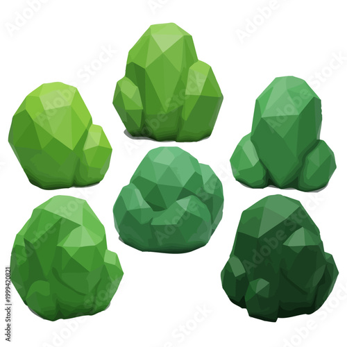 low poly bushes and geometric shrubs 3d game assets for digital landscaping projects illustrating various shades of green.