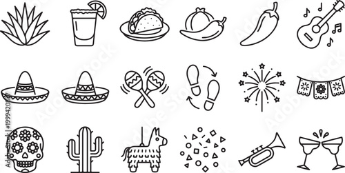 Cinco de Mayo festive icon set vector with Mexican symbols sombrero taco drink guitar cactus fireworks outline collection design