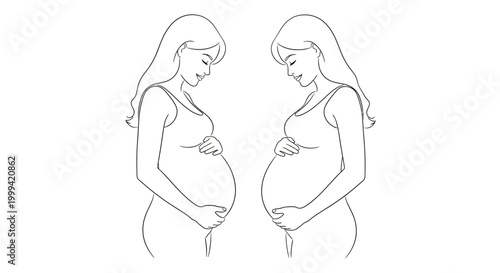 Line art illustration of two pregnant women holding their bellies.