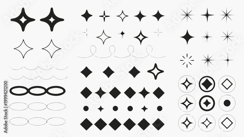 Fotografía collection of abstract diamond and star shaped graphic elements black and white