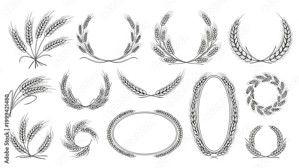 Fototapeta premium Artistic collection of hand drawn wheat wreaths frames and clusters for organic bakery and farming themed designs.