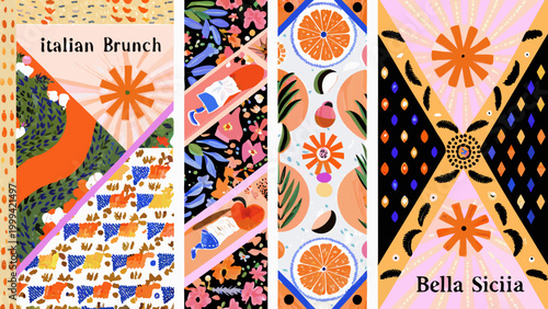 Italian themed posters a row of colorful flat style vector illustrations