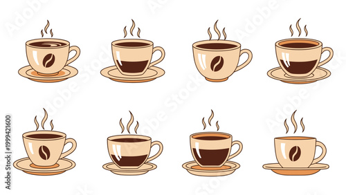 Collection of warm coffee cups with saucers showing various liquid levels and steam for cafe and morning themes.