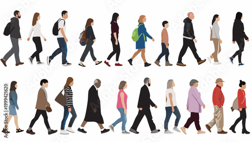 Diverse group of people walking flat vector silhouettes on white background