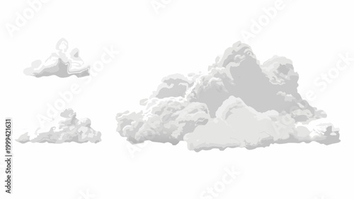 Realistic cloud formations three fluffy white clouds on a transparent background