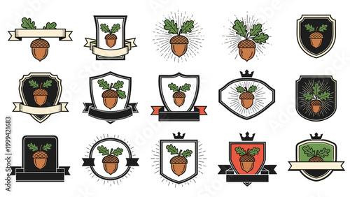 Collection of acorn themed labels and badges featuring oak leaves shields and sunbursts for autumn branding.
