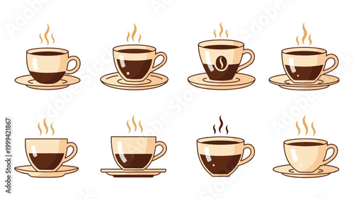 Set of coffee cup illustrations with different fill levels and styles for cafe menus and morning beverage concepts.