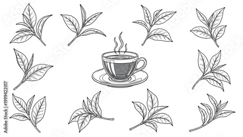 Set of detailed sketches depicting green tea leaves in various groupings surrounding a central cup of hot brewed tea.