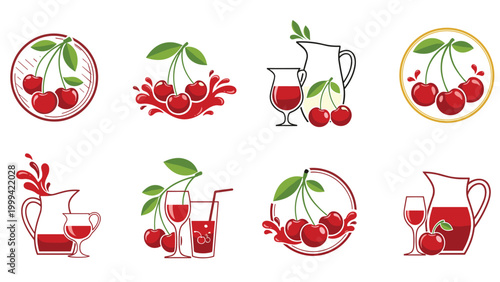 Red cherry fruit illustrations with green leaves, juice splashes, and glass pitchers of fresh berry drink in a set.