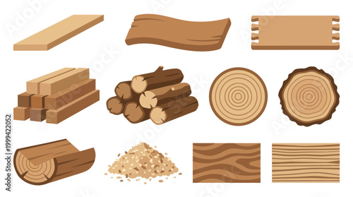 Wood materials: lumber, logs, sawdust, planks, and wood grain