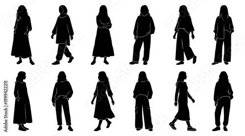 Black  White Silhouette Fashionable Women Poses Diverse Outfits