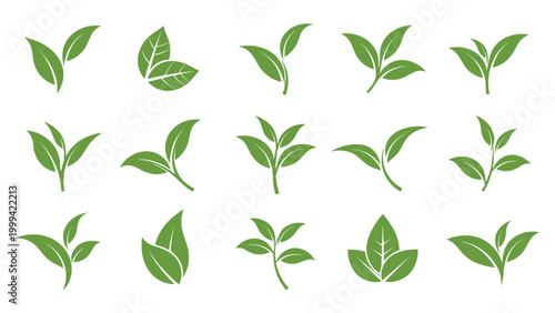 Minimalist icons and logos of green tea leaves in different sprig arrangements for organic and natural brand identities.