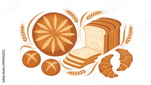 Assorted bakery products including loaves of bread, rolls, and croissants surrounded by stalks of ripe wheat for baking.
