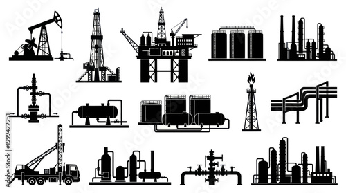 Black and White Oil and Gas Industry Icons: Rigs, Refineries, and Equipment