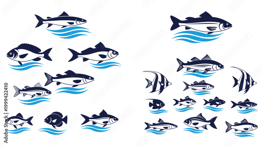 Fototapeta premium Stylized illustrations of various fish swimming over blue waves for seafood restaurant and aquatic life themes.