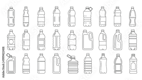 Extensive collection of outline icons for various types of plastic bottles and containers for liquid product packaging.