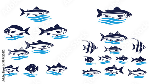 Stylized illustrations of various fish swimming over blue waves for seafood restaurant and aquatic life themes.