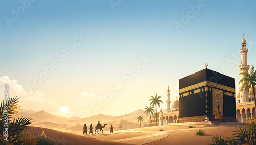 Sacred Kaaba in Mecca, Saudi Arabia, illuminated by the golden desert sunrise