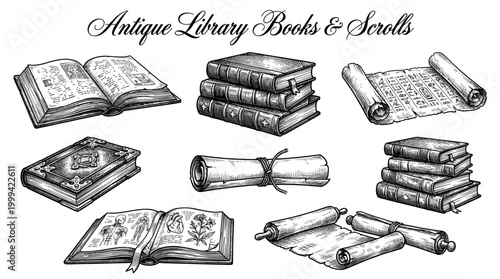 Vintage Antique Library Books and Paper Scrolls Collection, Hand Drawn Engraving Style Illustration of Old Manuscripts, Stacks of Books and Ancient Documents