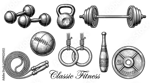Vintage Gym and Fitness Equipment Vector Illustration Set Featuring Dumbbells, Barbell, Kettlebell, and Gymnastics Rings in Engraved Style
