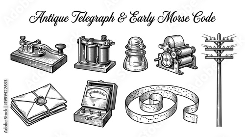 Vintage Telegraph and Morse Code Equipment Collection, Antique Hand-Drawn Engraving Vector Illustration of Communication History Tools