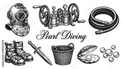 Vintage Pearl Diving Equipment Vector Illustration Set Featuring Deep Sea Helmet, Air Pump, Oyster with Pearl, and Diver Tools in Classic Engraving Woodcut Style