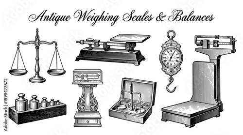 Vintage Antique Weighing Scales and Balances Collection, Engraving Style Vector Illustration of Retro Measurement Tools and Weights