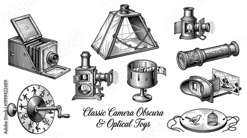 Vintage Optical Devices and Classic Camera Obscura Vector Illustration Set, Including Magic Lantern, Zoetrope, Stereoscope, and Thaumatrope Engraving Style Drawings