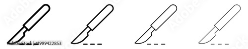 A set of linear medical scalpel icons with a cut line, presented in four different stroke weights. Symbol of surgical operation, professional instrumentation, and medical intervention. Vector illustra