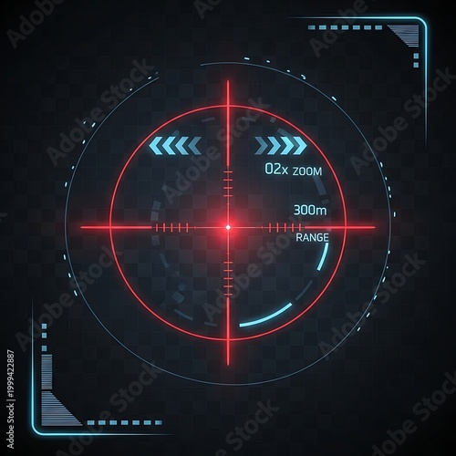 Digital targeting reticle with crosshairs, zoom, and range indicators