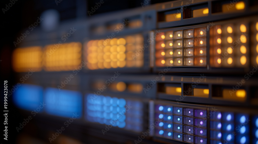 Fototapeta premium Quantum random number generation server rack with blinking entropy indicator lights, close detail of front panel in dark server room, hardware infrastructure, cryptographic entropy source, cybersecu