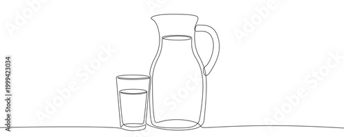 Illustration of a water jug and a glass, made in one continuous line. Minimalist beverage pitcher and drinking glass drawing with a black stroke on a white background,