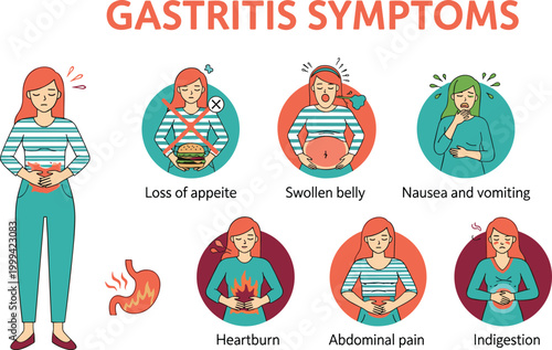 Gastritis Symptoms Vector Illustration Set Featuring Loss of Appetite, Swollen Belly, Nausea, Heartburn, Abdominal Pain, and Indigestion for Health and Medical Design.